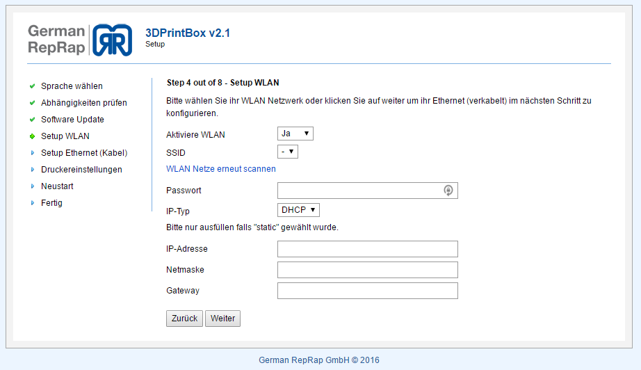 Setup Tool der German Reprap 3DPrintbox v2