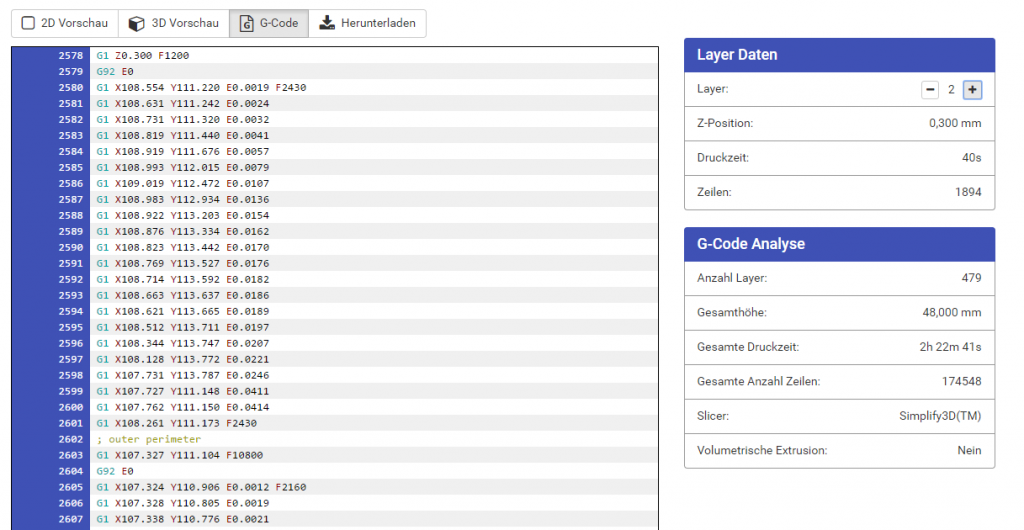 GCode Vorschau als Text mit Syntax Highlighting